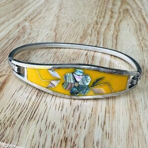 VTG Artisan‎ Hinged Bangle 7.5 Bracelet Mother Pearl Inlay Flower Mexico Alpaca